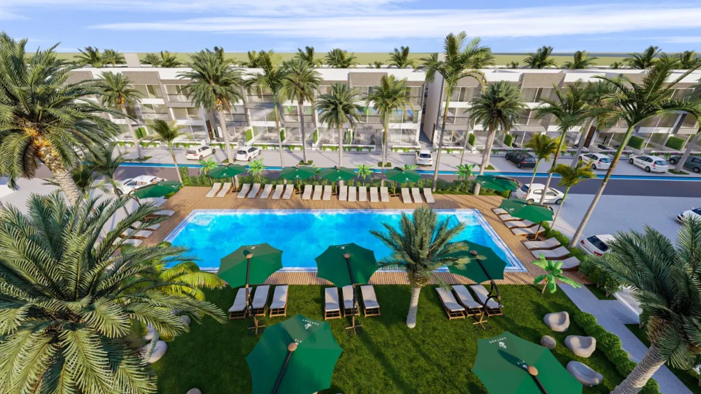 Resort z basenem i palmami